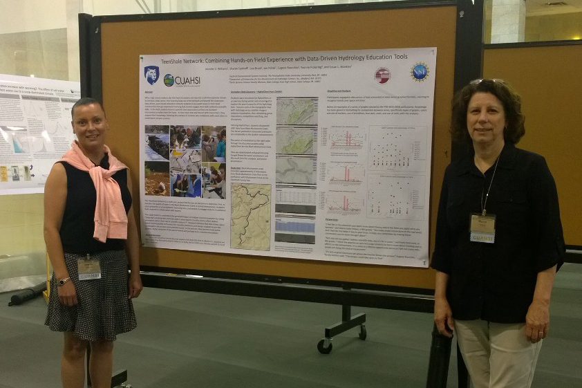 Jennifer Williams and Sharon Dykhoff standing at their poster at CUASHI 2016